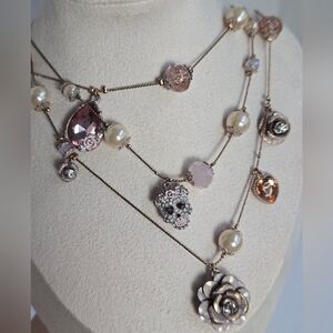 Betsey Johnson Dusty Rose Multi Layer Necklace Skull Hearts Flowers